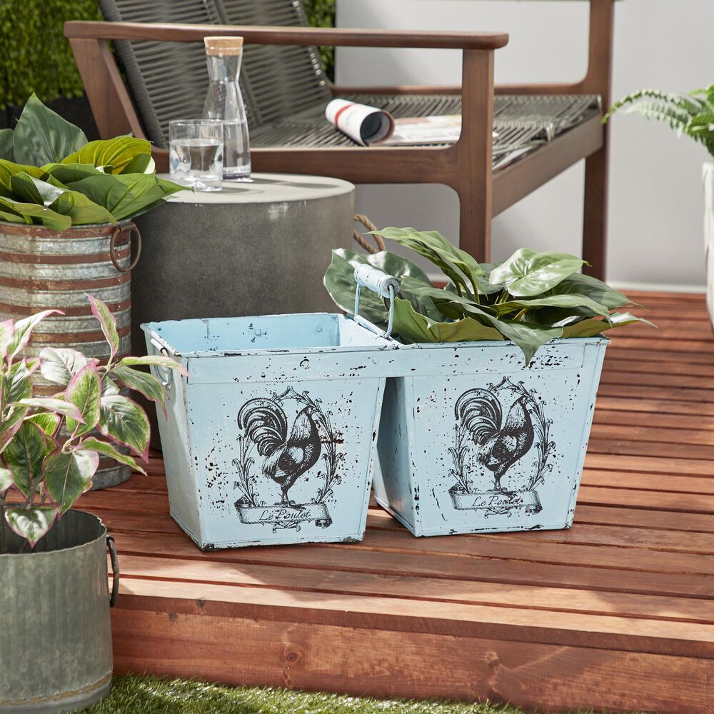 Maple and Jade 11&quot; Vintage Metal Planter in Light Blue, , large