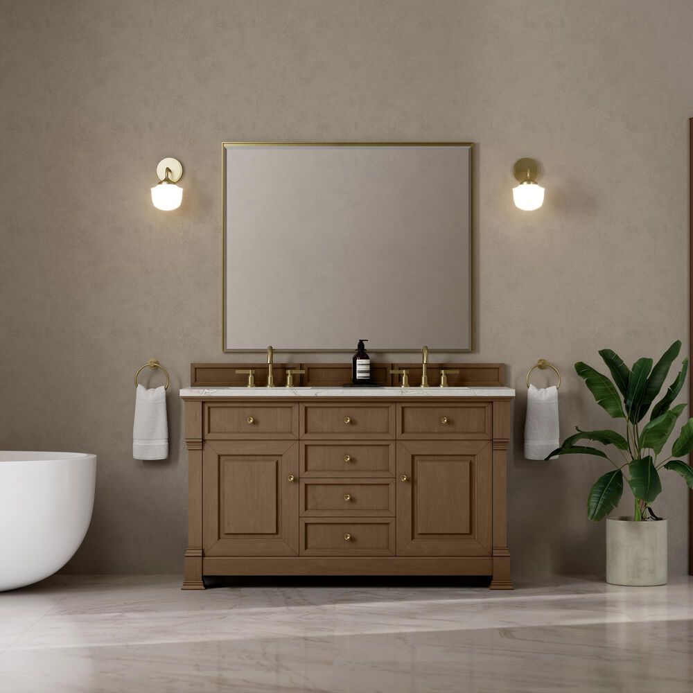 James Martin Vanities Brookfield 60" Double Bathroom Vanity in Pecan with 3 cm Eternal Jasmine Pearl Silestone Top, Rectangular Sinks and FreePower Wireless Charger, , large