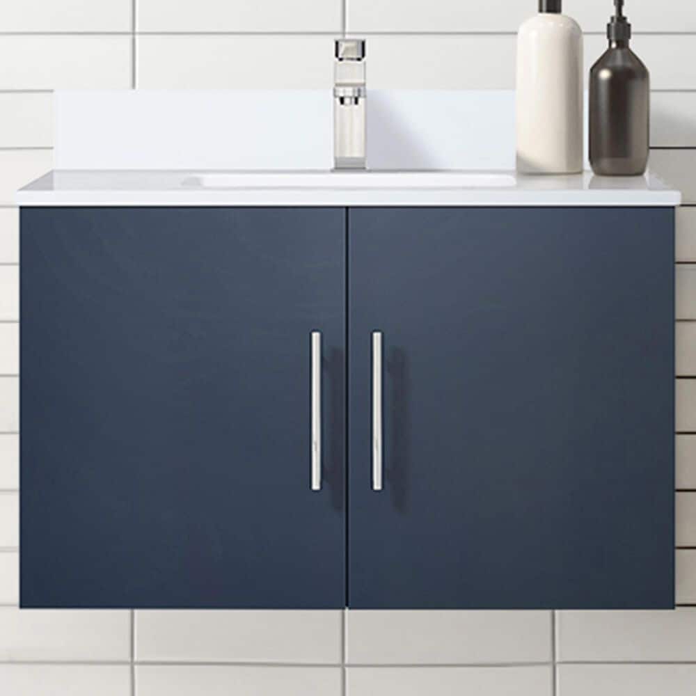 Lexora Home Geneva 30&quot; Single Bathroom Vanity in Navy Blue with 2 cm White Cultured Marble Top and Rectangular Sink, , large