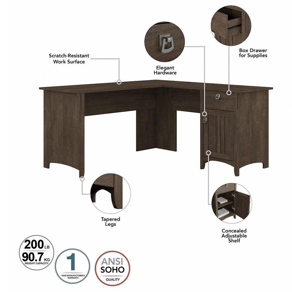 Bush Salinas Modern Farmhouse 3Piece L Shaped Office Desk Set in Ash