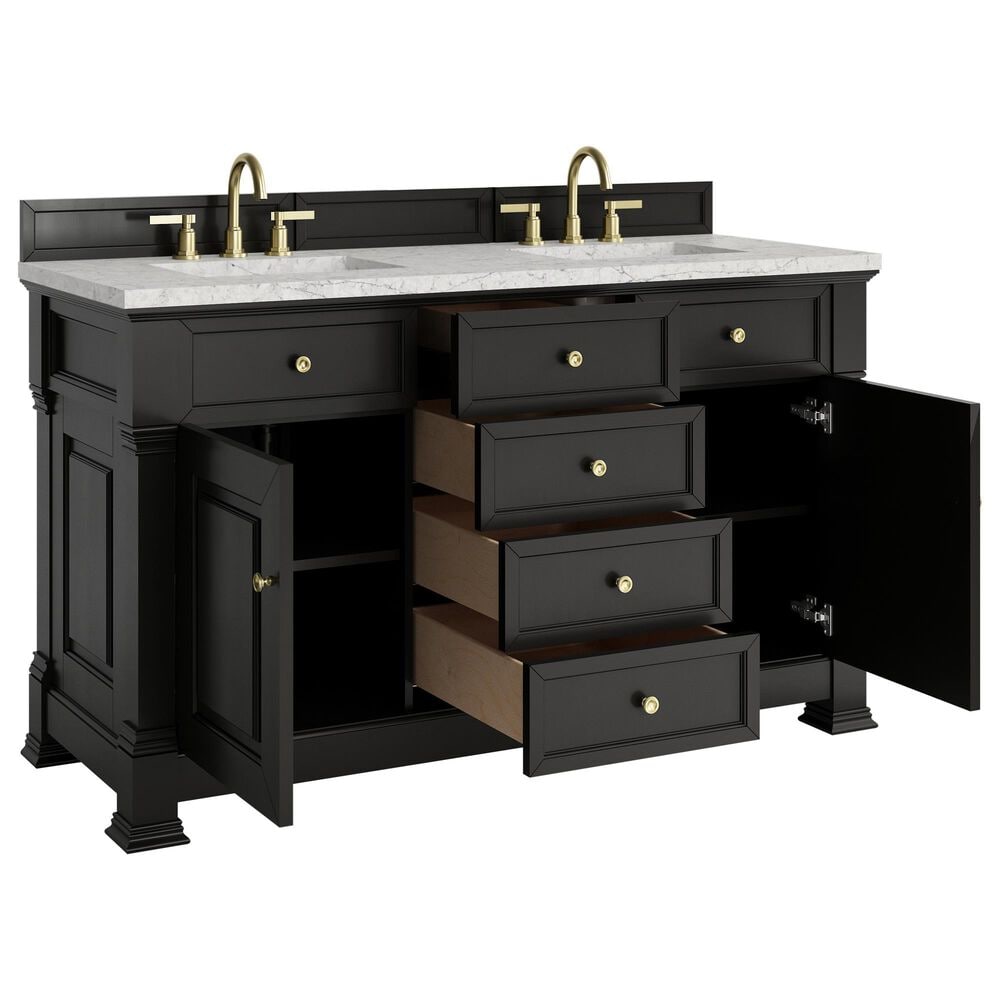 James Martin Vanities Brookfield 60&quot; Double Bathroom Vanity in Black Onyx with 3 cm Eternal Jasmine Pearl Quartz Top and Rectangular Sinks, , large