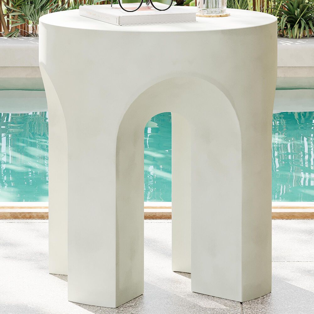 Hearth and Haven Outdoor Round Side Table with Arch Base Design in Antique White, , large