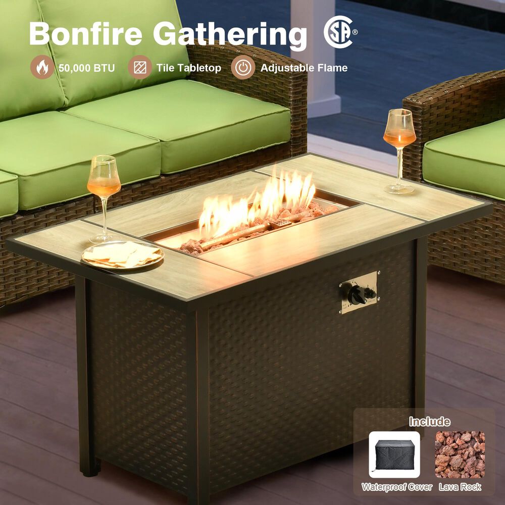 HOMLUX 6-Piece Patio Conversation Set with 42" Fire Pit Table and Light Brown Wicker in Green, , large