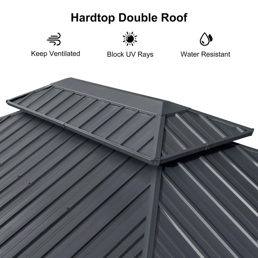HOMLUX 10' x 14' Outdoor Hardtop Gazebo with Galvanized Steel Roof, Netting, and Curtains, Gray, , large