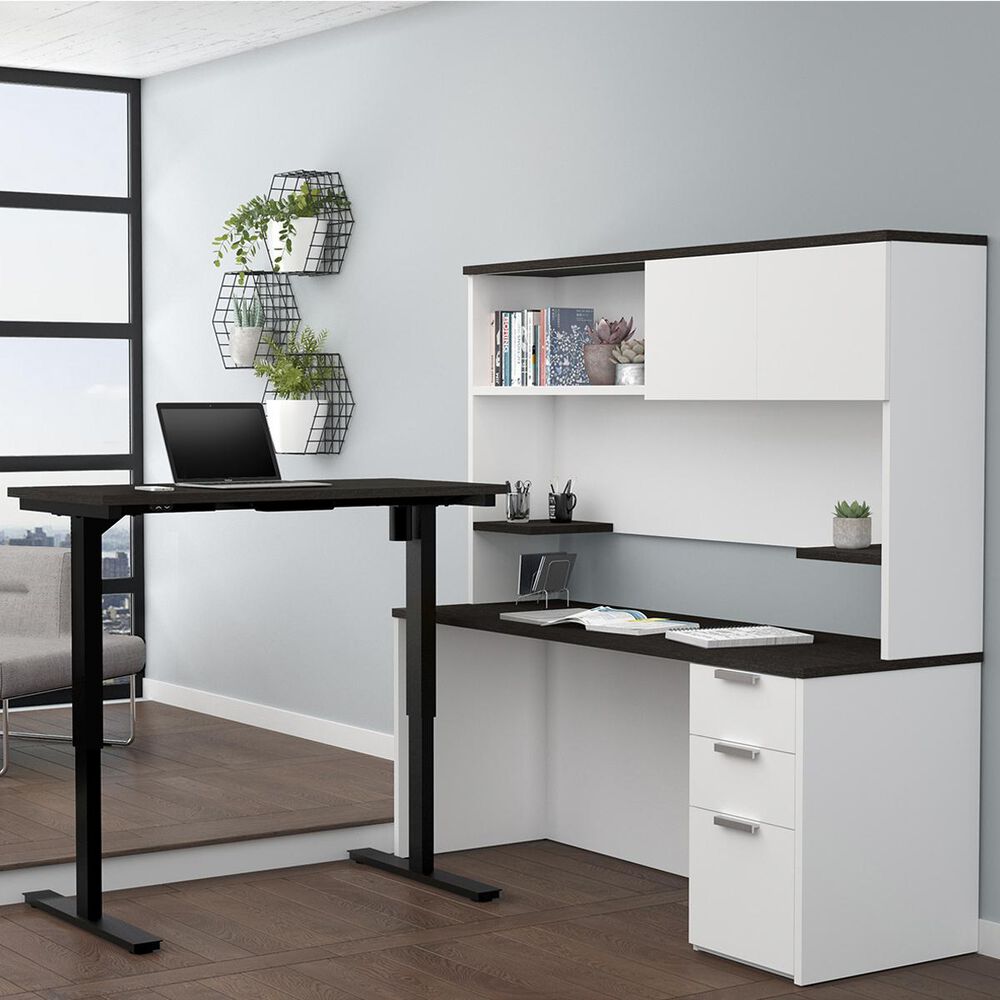 Bestar Pro-Concept Plus Adjustable Desk with Hutch in White and Deep Grey, , large