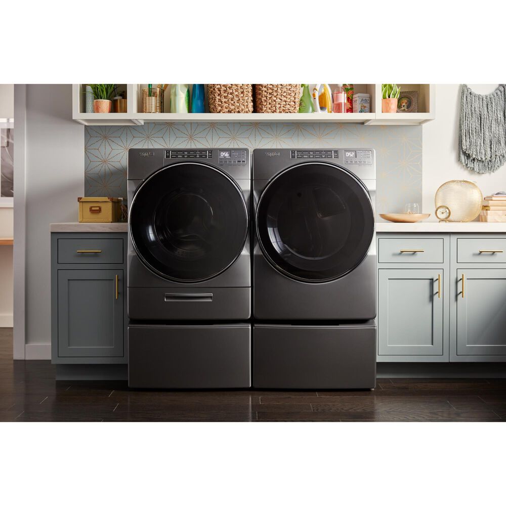 Whirlpool 5.0 Cu. Ft. Front Load Washer and 7.4 Cu. Ft. Gas Dryer Laundry Pair with Pedestals in Chrome Shadow, , large