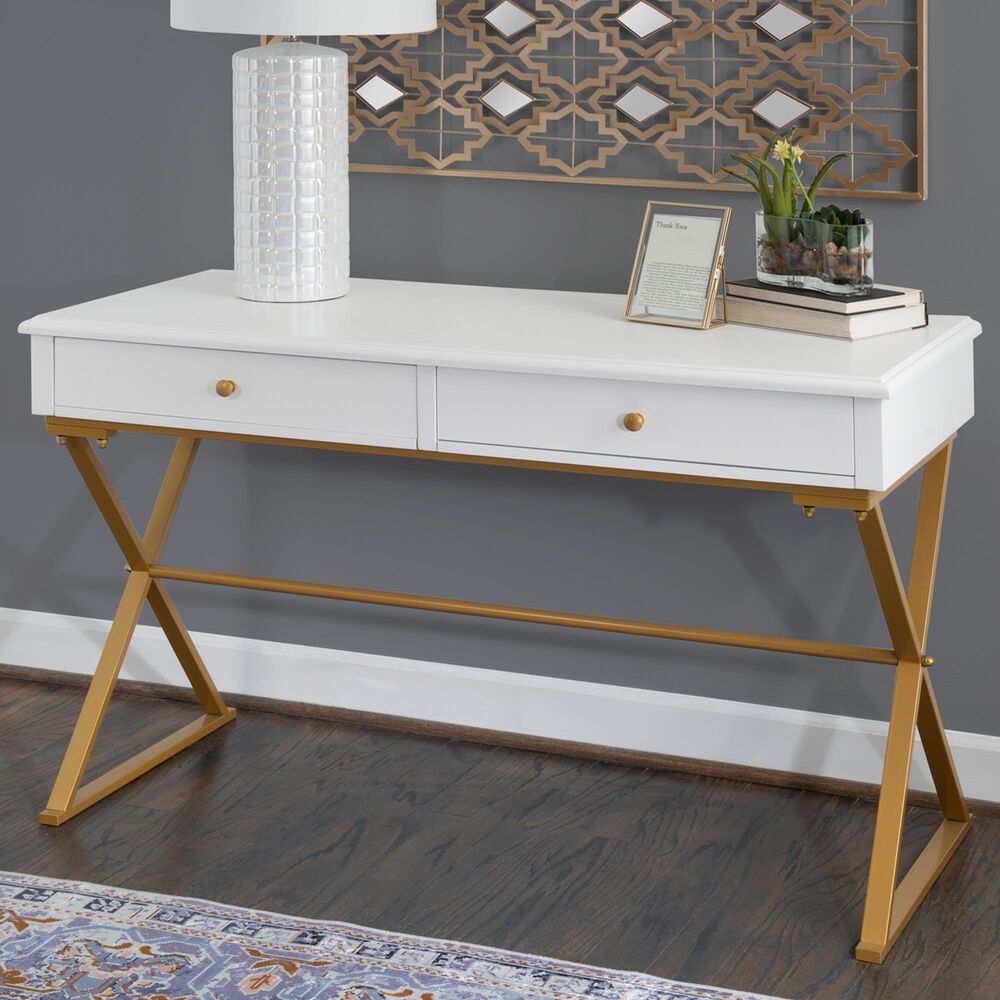 Linon Home Decor Campaign 2-Drawer Desk in White and Gold, , large