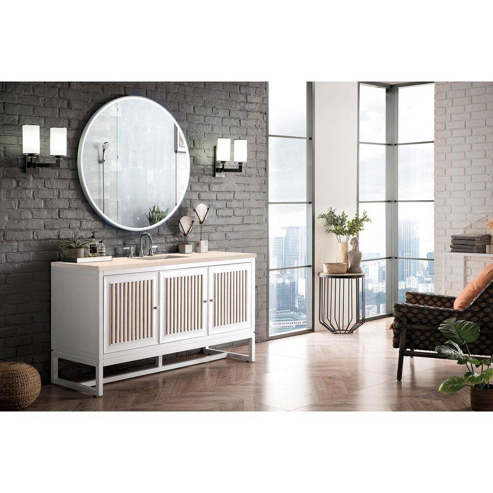James Martin Vanities Athens 60&quot; Single Bathroom Vanity in Glossy White with 3 cm Carrara White Marble Top and Rectangular Sink, , large