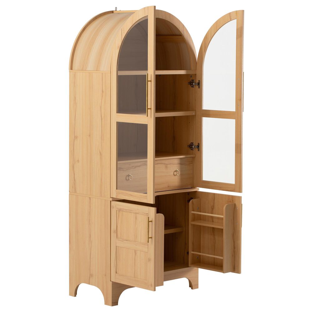 HOMLUX HOMLUX 71" Tall Arched Kitchen Pantry Cabinet with Door Shelves, Farmhouse Kitchen Storage Cabinet with Open &amp; Adjustable Shelves, Hidden Drawer &amp; Glass Door, Cupboard for Kitchen, Dining Room, Natural, , large