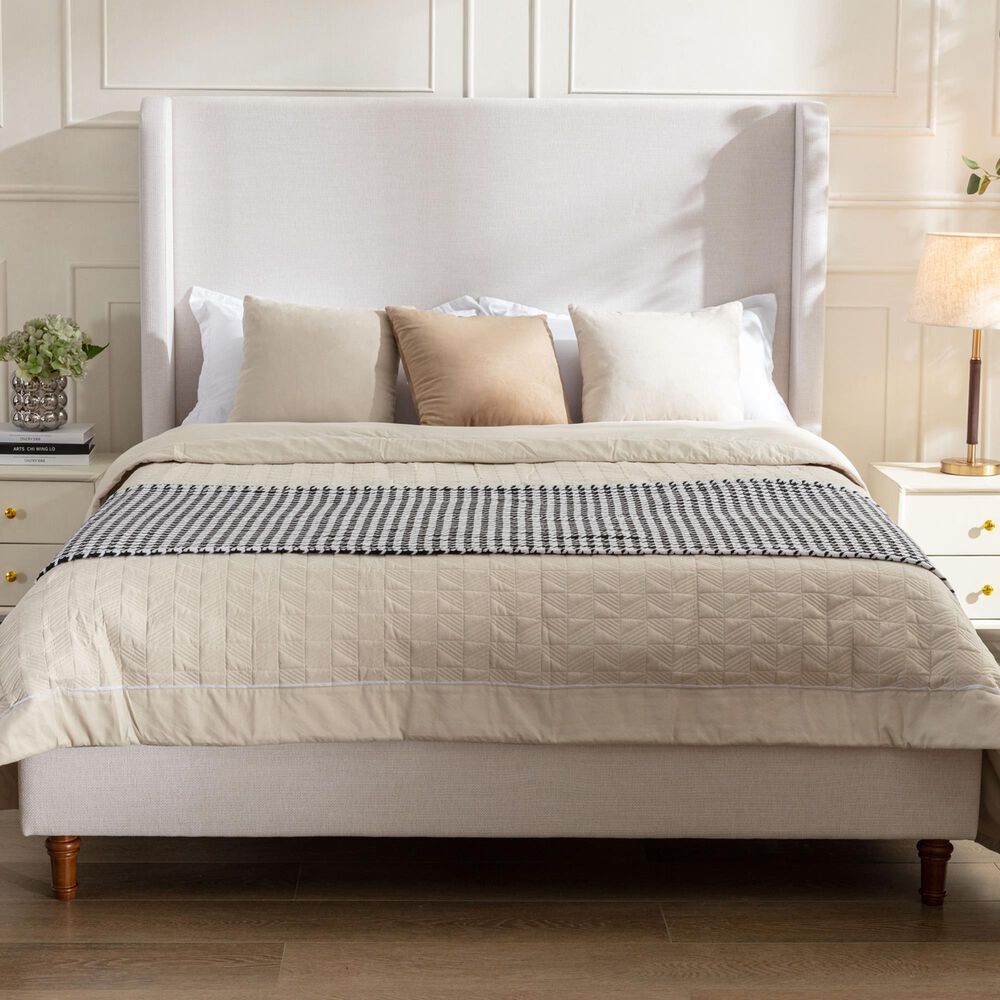 Hearth and Haven Hayden Queen Panel Bed with Ivory Upholstery in Walnut, , large