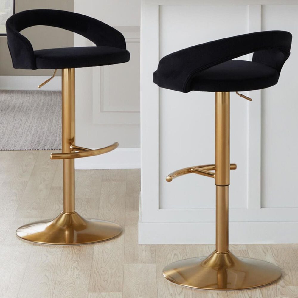 LumiSource Grotto Adjustable Bar Stool with Black Velvet Upholstery in Gold (Set of 2), , large