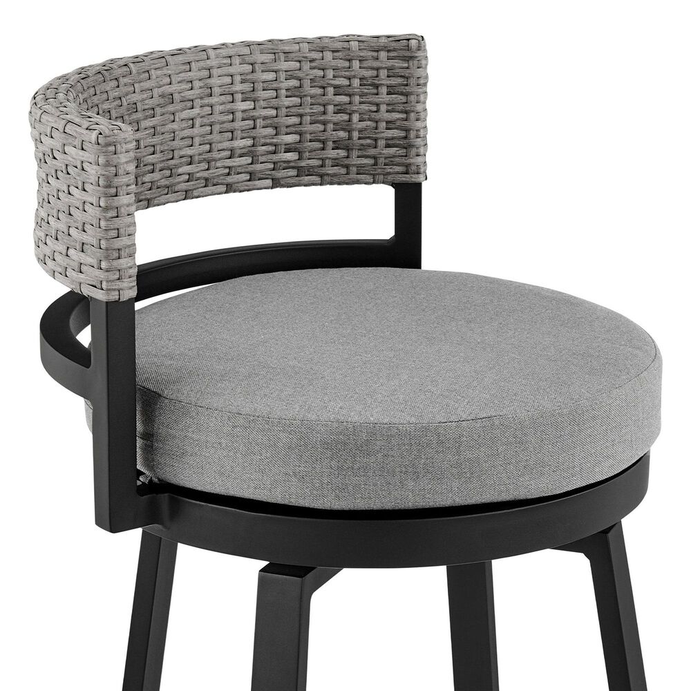 Armen Living Encinitas Patio Swivel Counter Height Bar Stool with Dark Gray Cushion in Black, , large