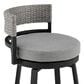 Armen Living Encinitas Patio Swivel Counter Height Bar Stool with Dark Gray Cushion in Black, , large