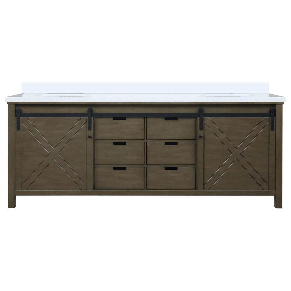 Lexora Home Marsyas 84" Double Bathroom Vanity in Rustic Brown with White Quartz Top and Rectangular Sinks, , large