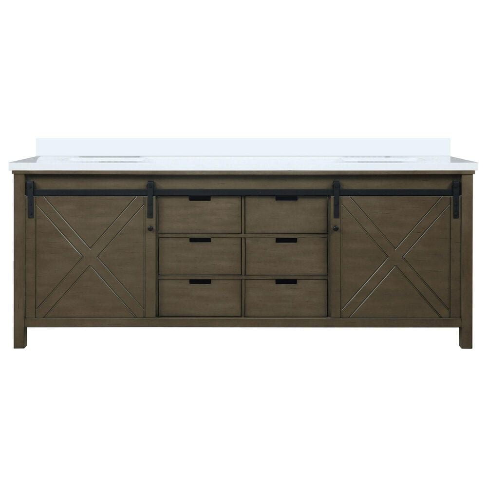 Lexora Home Marsyas 84" Double Bathroom Vanity in Rustic Brown with White Quartz Top and Rectangular Sinks, , large