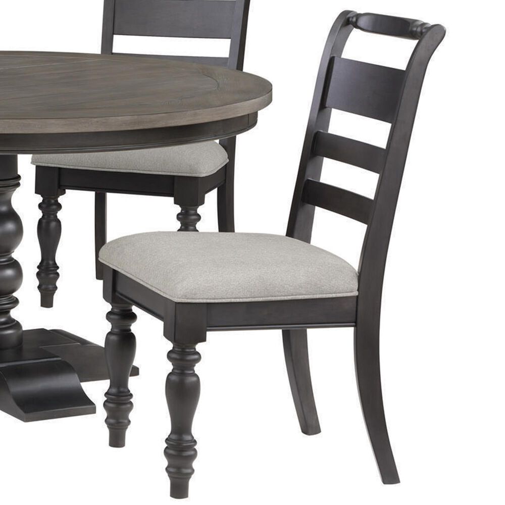 Boulder &amp; Pine French Country Pedestal Dining Table with Upholstered Side Chairs in Black and Dark Gray, , large