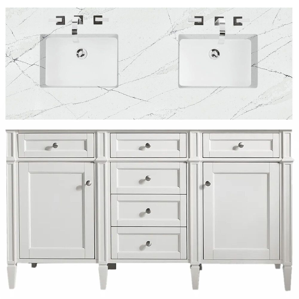 James Martin Vanities Brittany 60" Double Bathroom Vanity in Bright White with 3 cm Ethereal Noctis Quartz Top, , large