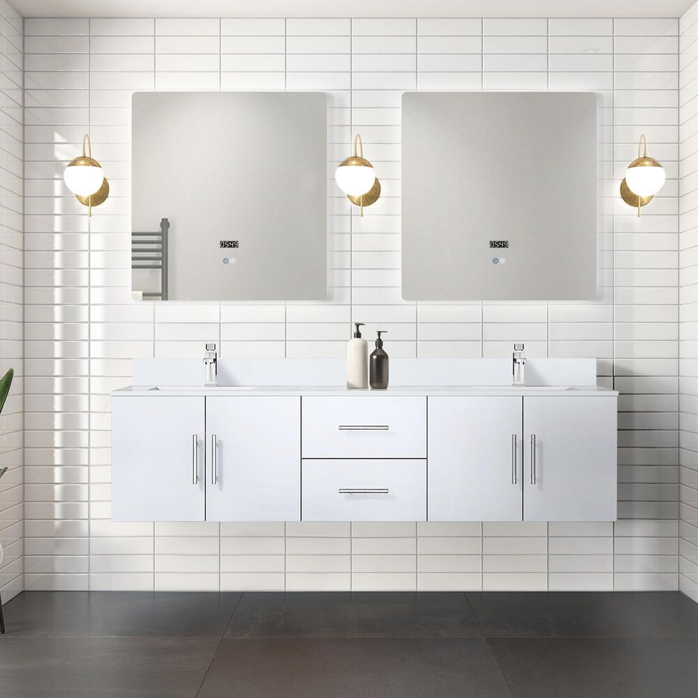 Lexora Home Geneva 72&quot; Double Bathroom Vanity in Glossy White with 2 cm White Quartz Top and Rectangular Sinks, , large