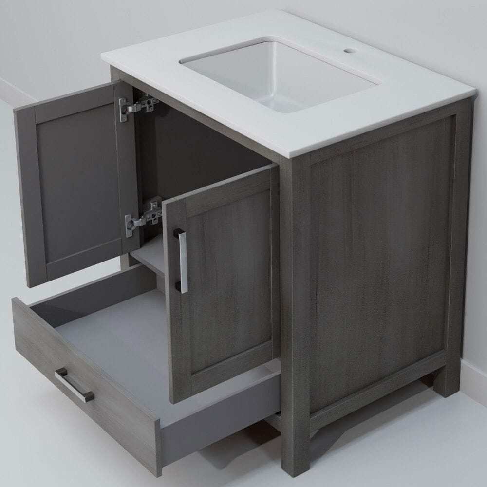 Lexora Home Jacques 30" Single Bathroom Vanity in Distressed Grey with 2 cm White Quartz Top and Rectangular Sink, , large