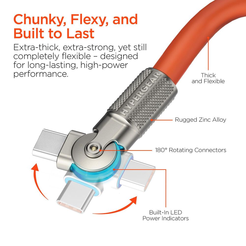 Hypercel Chunky 180 Degrees 6' USB-C to USB-C Cable in Orange, , large