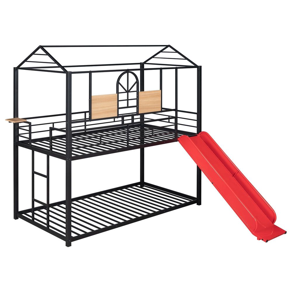 Hearth and Haven Twin over Twin House Bunk Bed with Built-in Slide in Black and Red, , large
