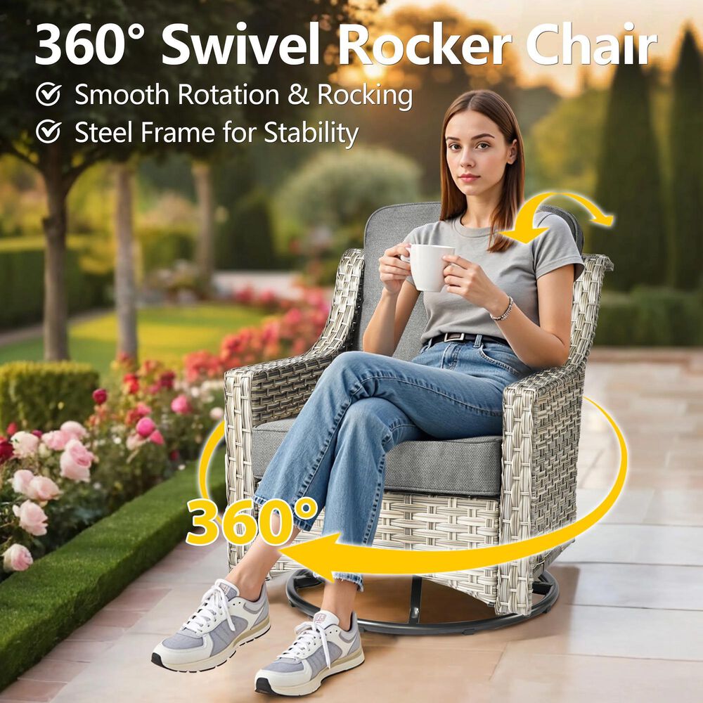 HOMLUX 3-Piece Outdoor Swivel Rocking Chair Set and Side Table in Dark Gray, , large