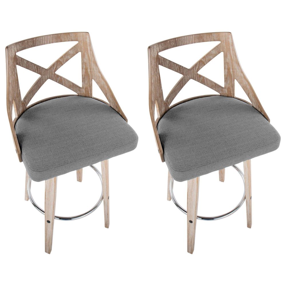 LumiSource Charlotte Swivel Bar Stool with Light Grey Fabric Upholstery in Whitewashed and Chrome (Set of 2), , large