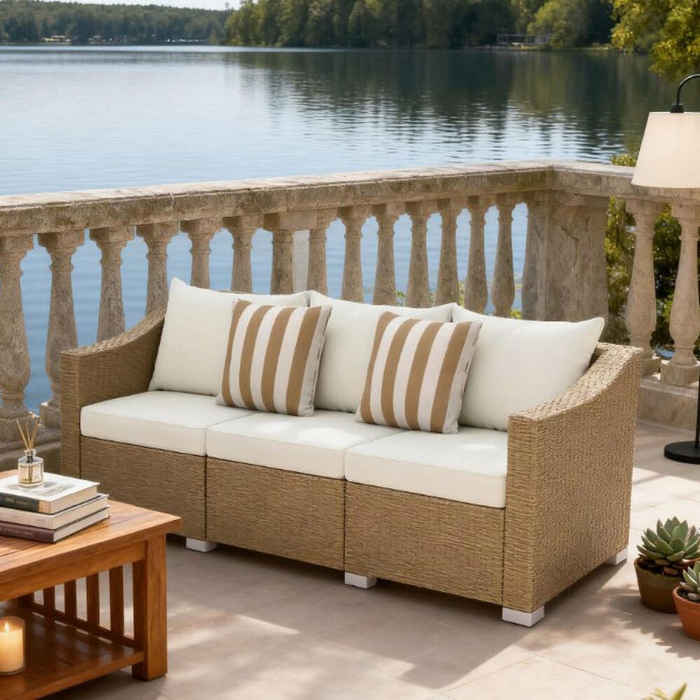 Hearth and Haven Outdoor Sofa with Cushions and Natural Wicker in Cream White, , large