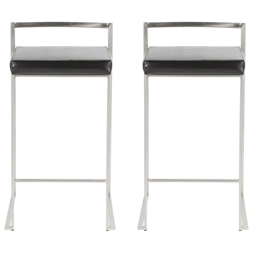 LumiSource Fuji Stackable Counter Stool with Black Faux Leather in Brushed Stainless Steel &#40;Set of 2&#41;, , large