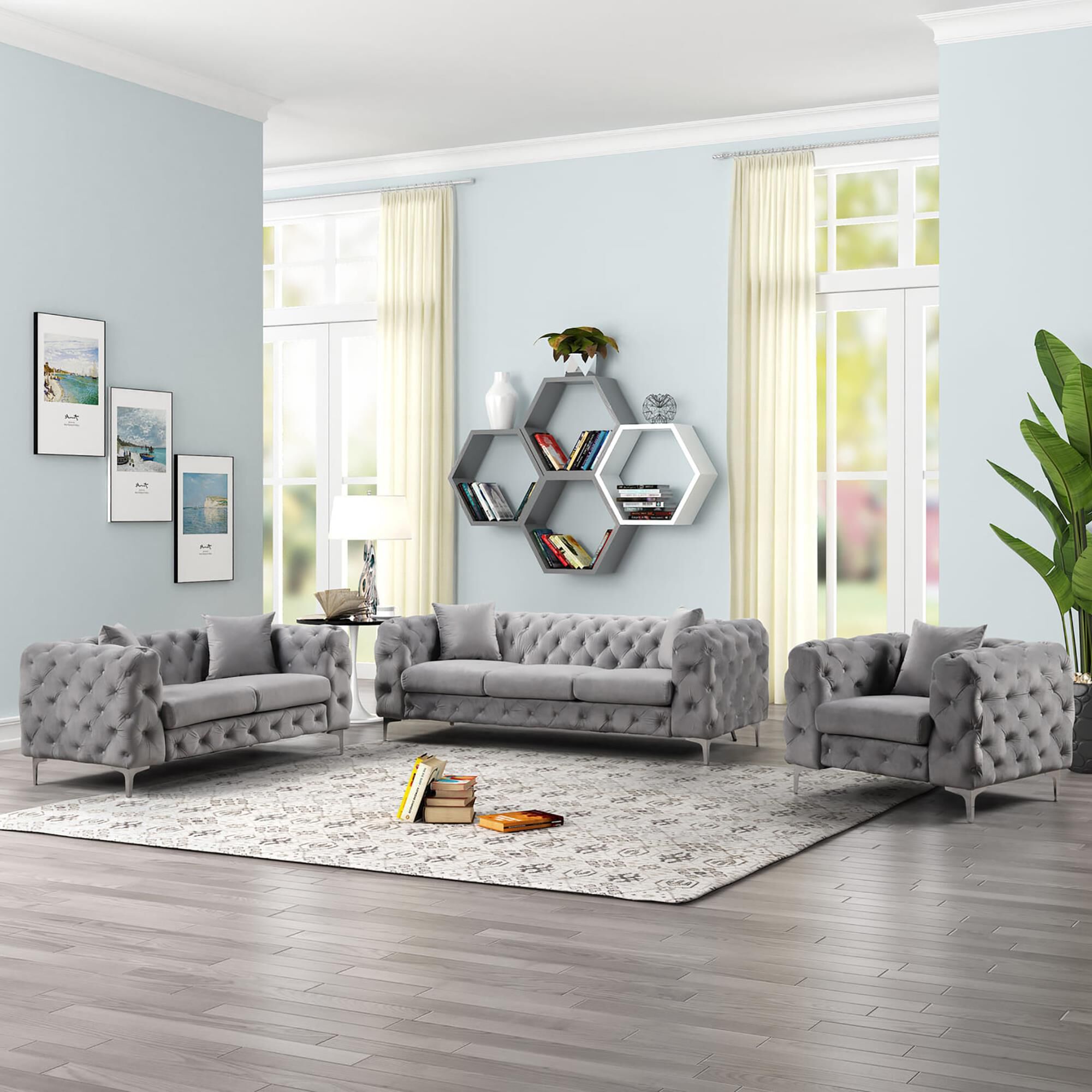 Grey tufted living room set top
