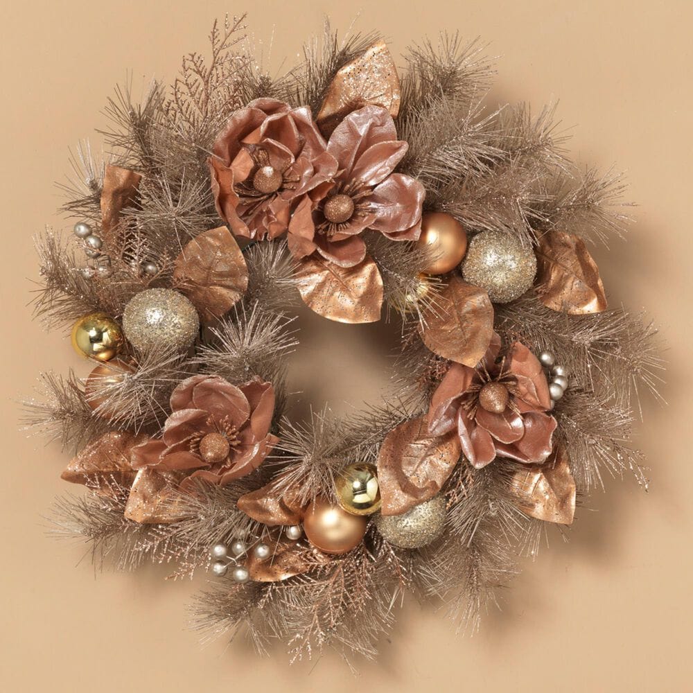 The Gerson Company 24" Frosted Wreath with Magnolia, Ornaments, & Berries in Champagne, , large