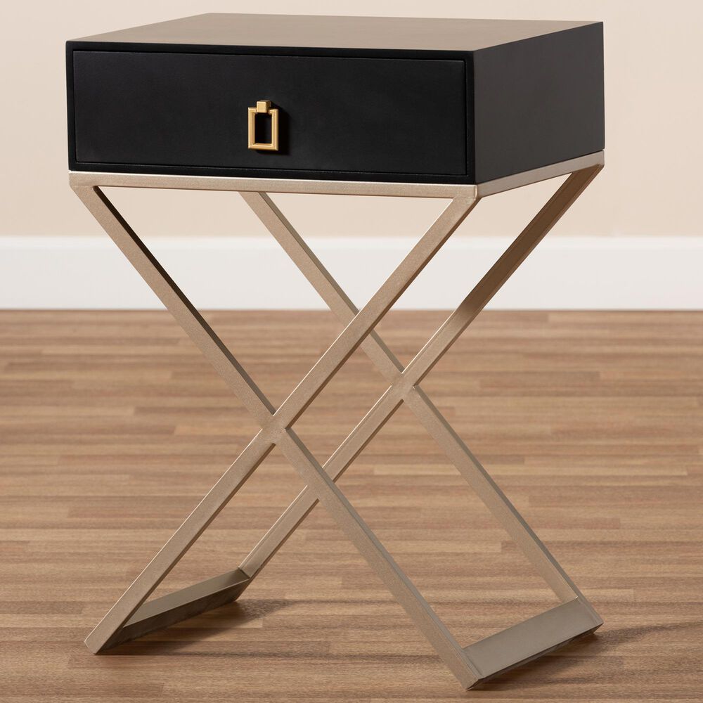 Baxton Studio Patricia 1-Drawer End Table in Black and Brass, , large