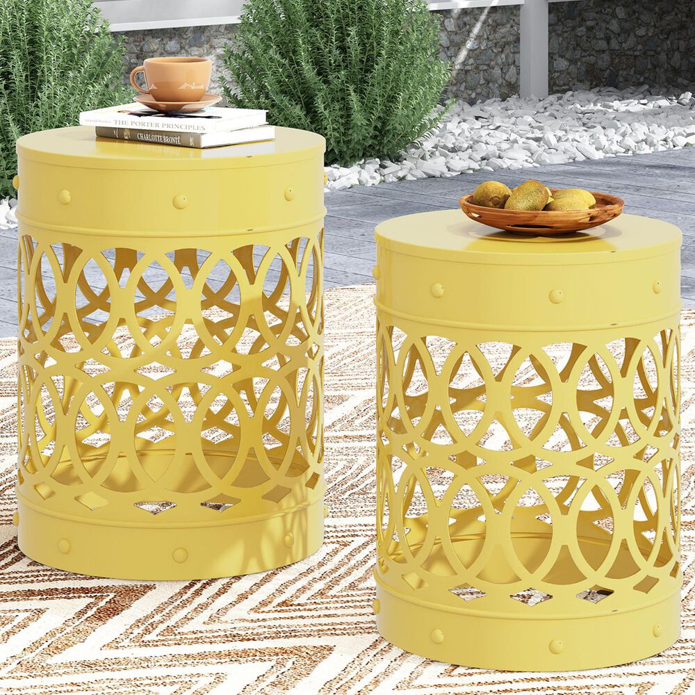 Hearth and Haven Outdoor End Table with Overlapping Circle Design in Yellow (Set of 2), , large