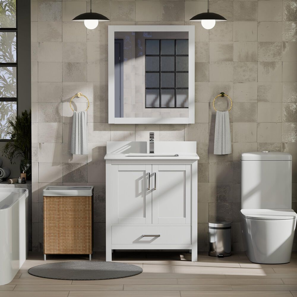 Lexora Home Jacques 30&quot; Single Bathroom Vanity in White with 2 cm White Cultured Marble Top and Rectangular Sink, , large