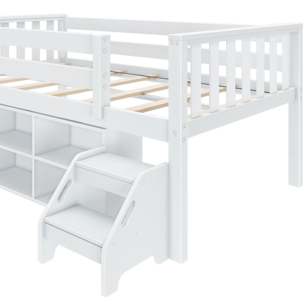 Birch Hollow Scandinavian Low Loft Twin Bed with Bookcase and Stepstool in White, , large