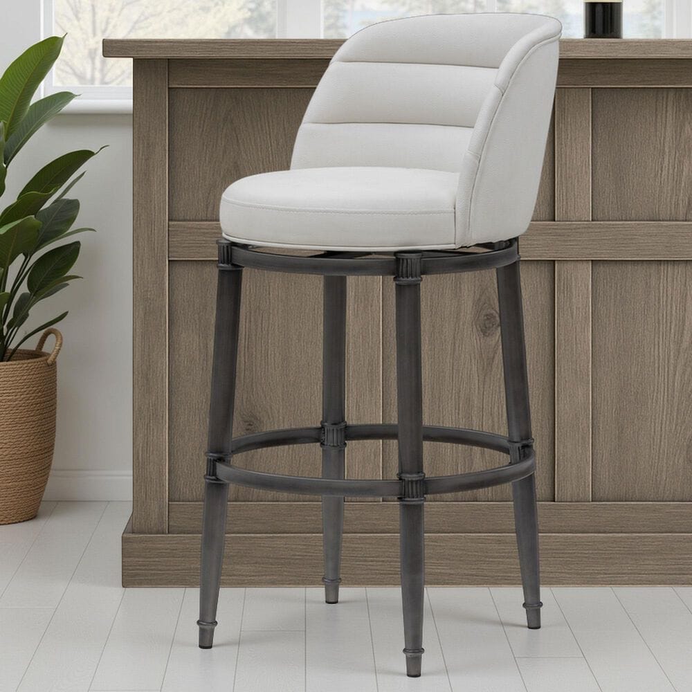 Armen Living Eunice Swivel Bar Height Stool with Ivory Upholstery in Antique Pewter, , large