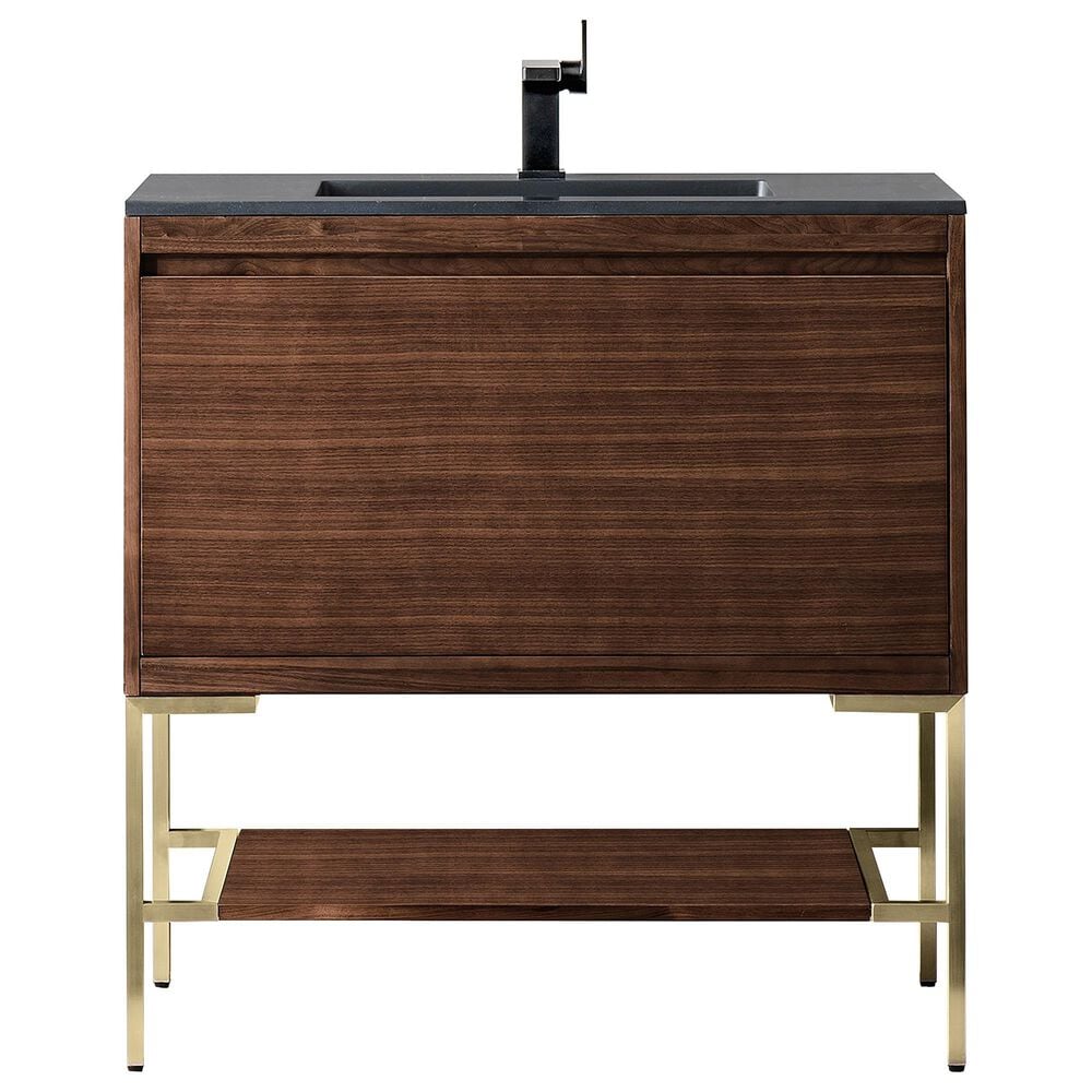 James Martin Vanities Mantova 35.4" Single Vanity in Mid-Century Walnut and Champagne Brass with 3 cm Charcoal Black Composite Stone Top and Rectangular Sink, , large