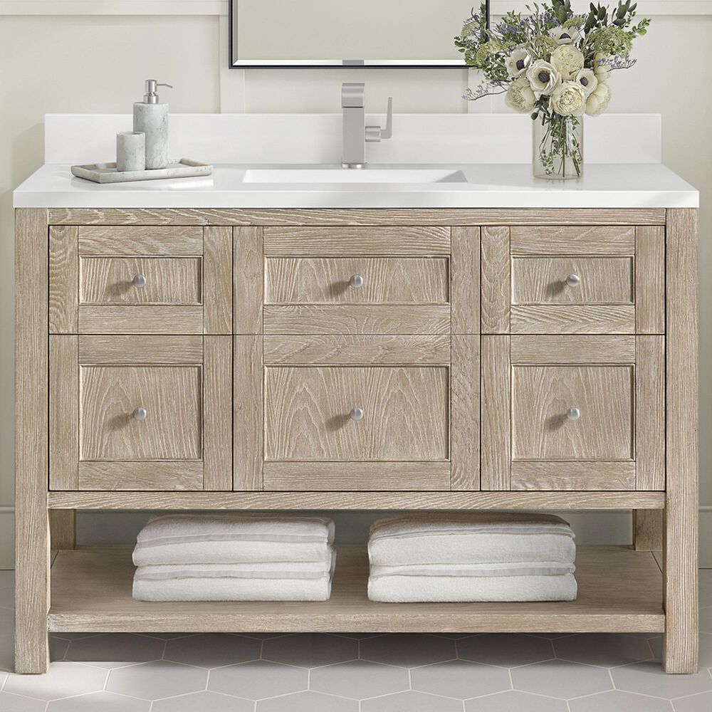James Martin Vanities Breckenridge 48&quot; Single Vanity in Whitewashed Oak with Single Hole 3 cm White Zeus Quartz Top &amp; Backsplash, , large