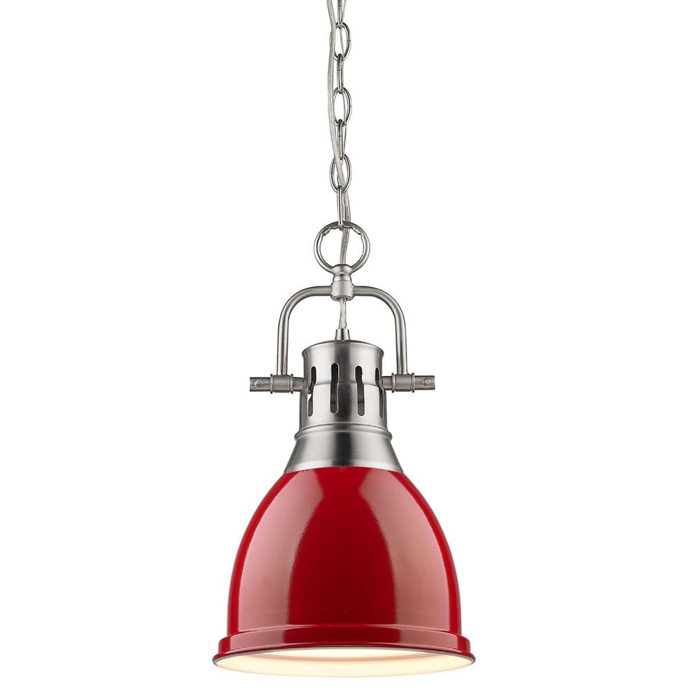 Golden Lighting Duncan 1-Light Small Pendant with Chain and Red Shade in Pewter, , large