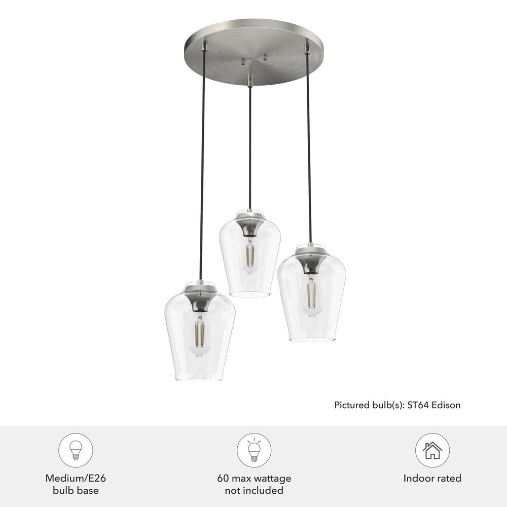 Hunter Vidria 3-Light Round Pendant Cluster in Brushed Nickel, , large