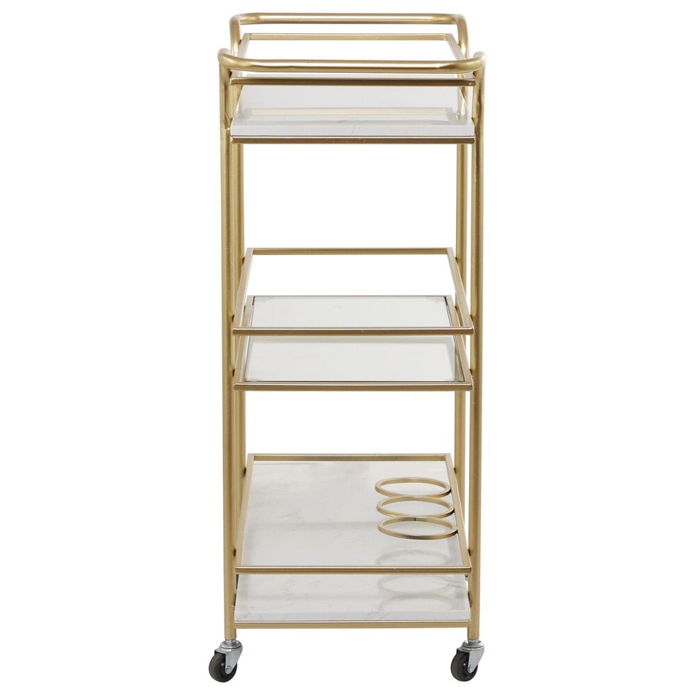 Maple and Jade 3-Shelf Bar Cart with Handle in Satin Gold and White Marble, , large