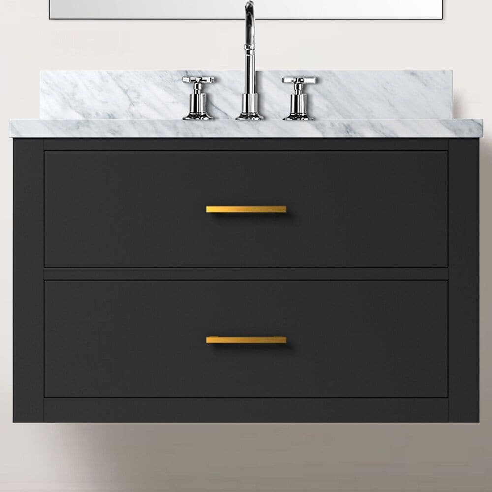 Lexora Home Castor 30&quot; Single Bathroom Vanity in Black with 2 cm White Carrara Marble Top and Rectangular Sink, , large
