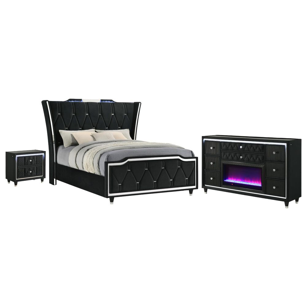 Pacific Landing Lorient 3 Piece Queen Wingback Bedroom Set with Fireplace in Black Velvet, , large