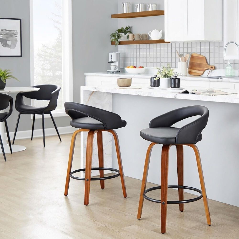 LumiSource Grotto 26" Swivel Counter Stool with Black Faux Leather Upholstery in Walnut and Black (Set of 2), , large