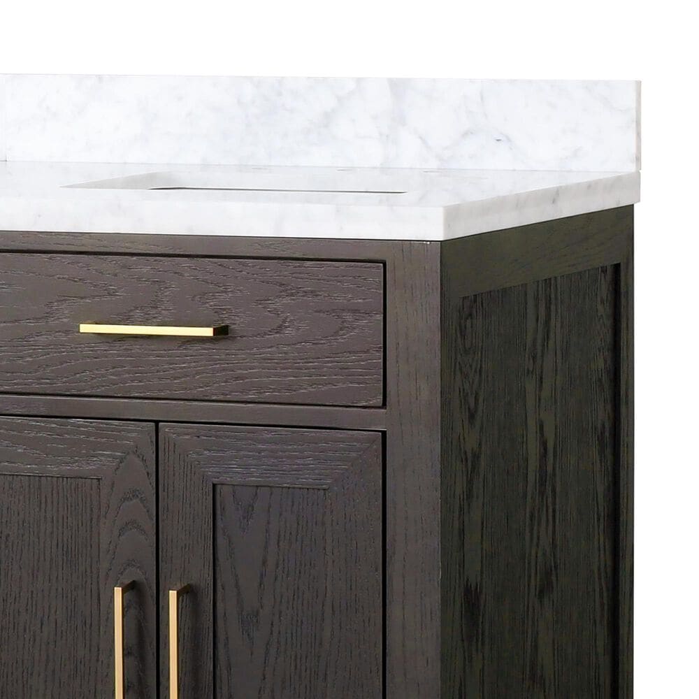 Lexora Home Abbey 60&quot; Double Bathroom Vanity in Brown Oak with 2 cm White Carrara Marble Top and Rectangular Sinks, , large
