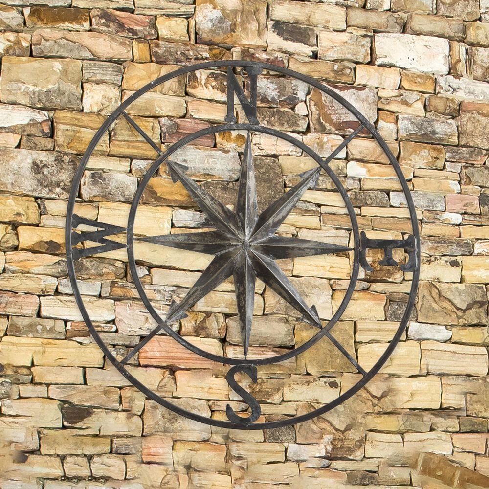 Creative Coop 30" Round Metal Compass Wall Decor in Distressed Silver, , large