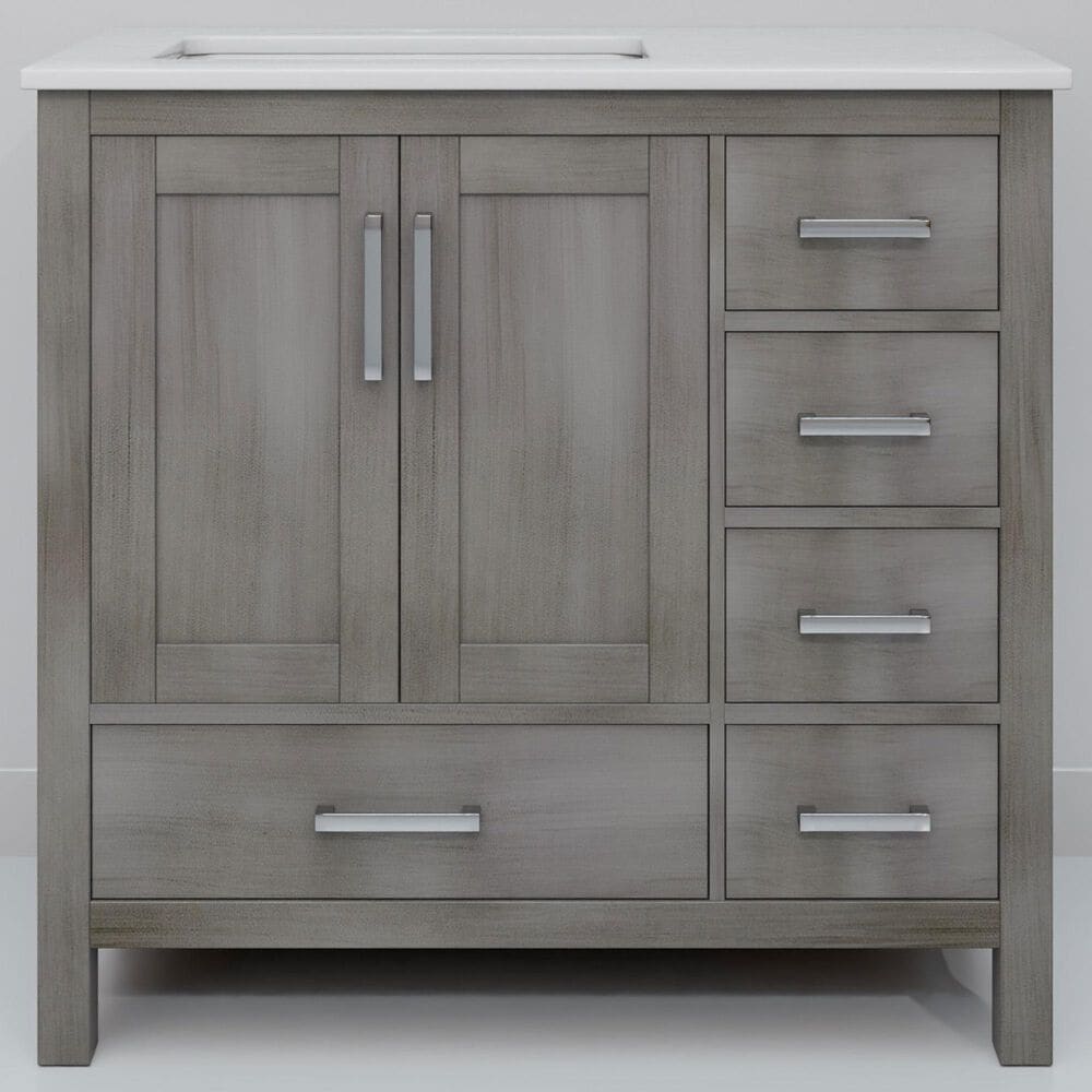Lexora Home Jacques 36" Left Offset Single Bathroom Vanity in Distressed Grey with 2 cm White Quartz Top and Rectangular Sink, , large