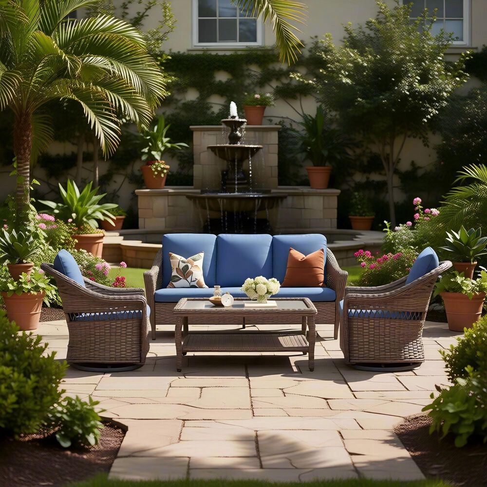 Sunwell Garden Patio Swivel Glider Chair with Brown Frame and X-Laced Armrests in Navy (Set of 2), , large