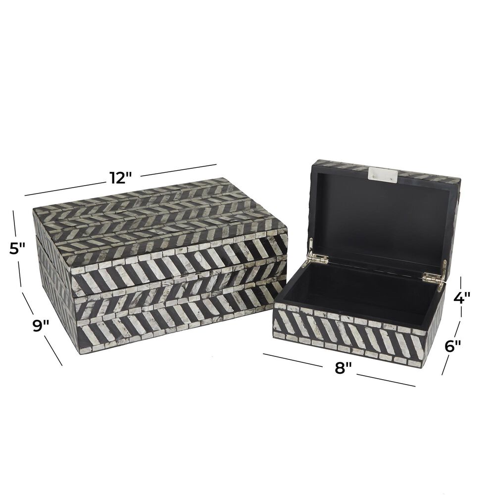 Maple and Jade 2-Piece Handmade Chevron Pattern Decorative Box Set in Polished Gray and Black, , large