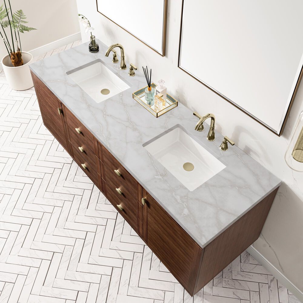 James Martin Vanities Amberly 72" Double Bathroom Vanity in Mid-Century Walnut with 3 cm Eternal Jasmine Pearl Silestone Top, Rectangular Sinks and FreePower Wireless Charger, , large